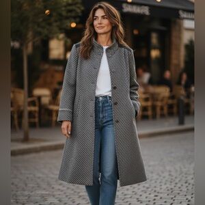 Women’s Vintage Wool Blend Grey Diagonal Stripe Faux Suede Peacoat Trench Coat